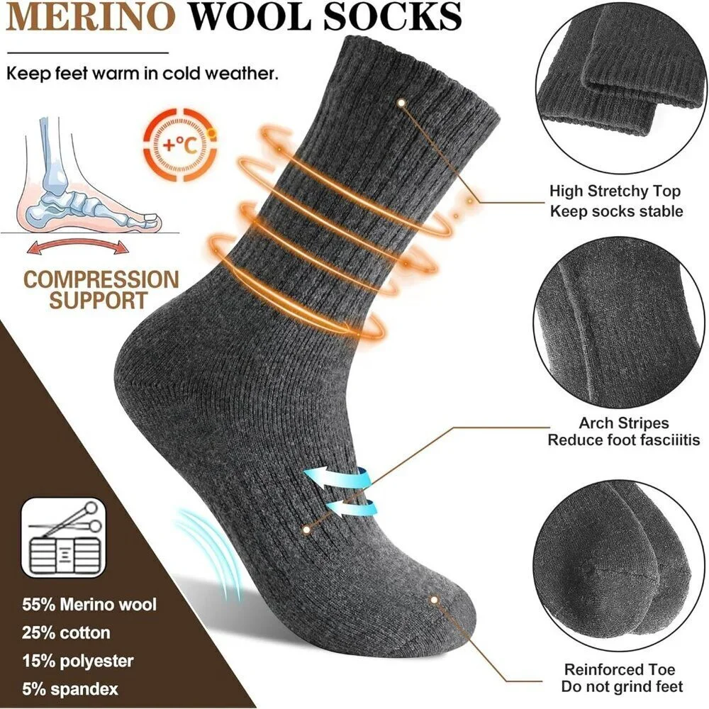 Women Merino Wool Dark Grey Sock 5 Pairs Warm Thick Crew Cozy Winter Boot Socks